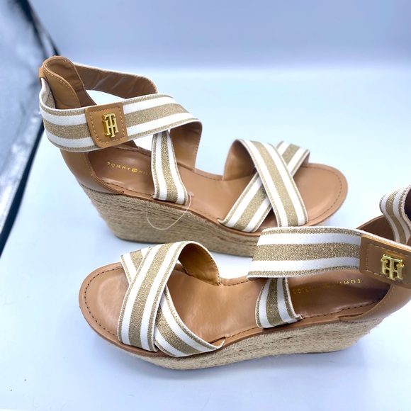 Tommy Hilfiger Theia Gold/White Chunky Straw Espadrille Wedge Sandals NWT Size10 - Picture 5 of 14